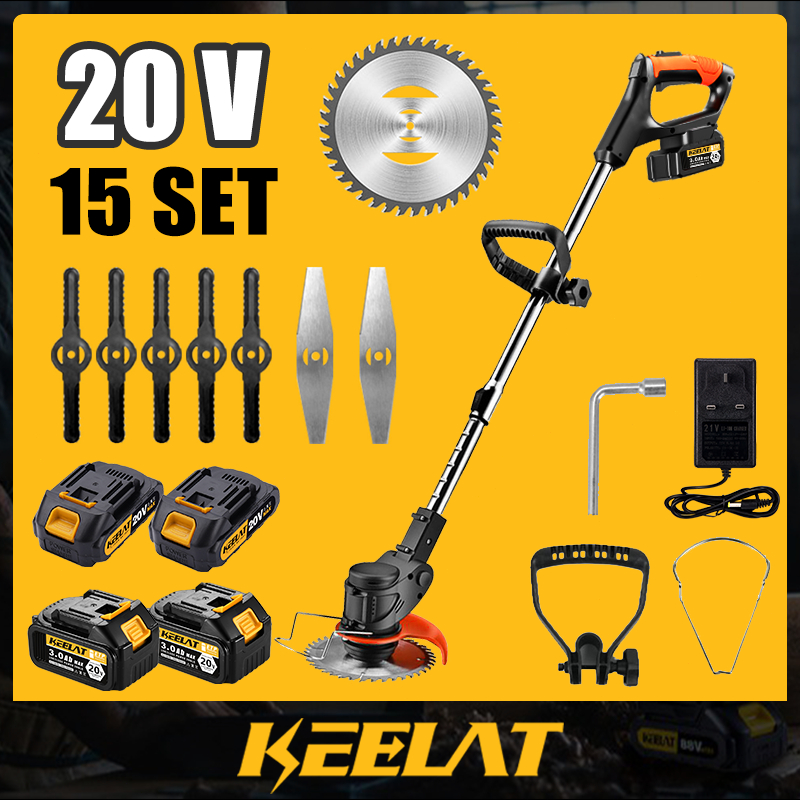 KEELAT 20V Mesin Rumput with 2 Battery Electric Grass Trimmer Cordless Pruning Potong Garden Tools Potong Grass Cutter