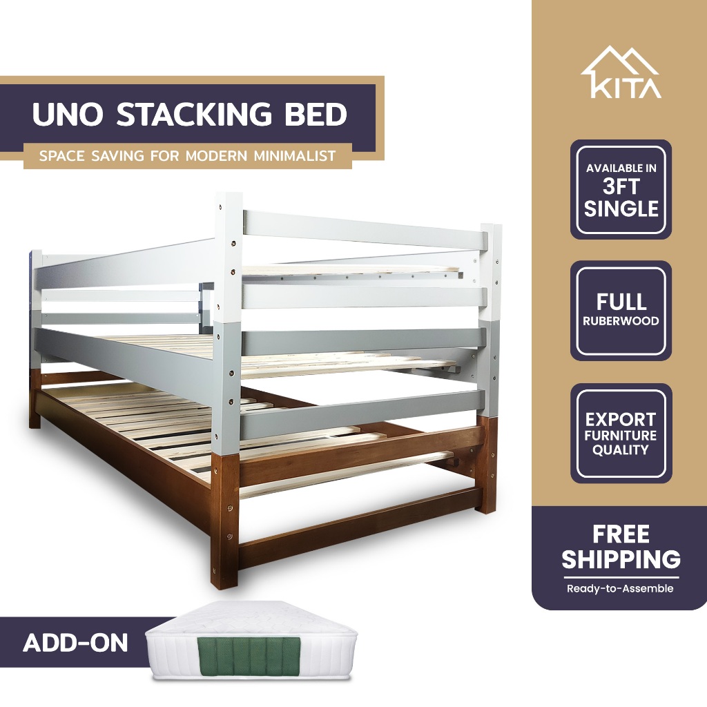 *CLEARANCE* KITA UNO Single Stacking Bed, Solid Rubberwood, 3 Colours (Grey, Walnut, White)