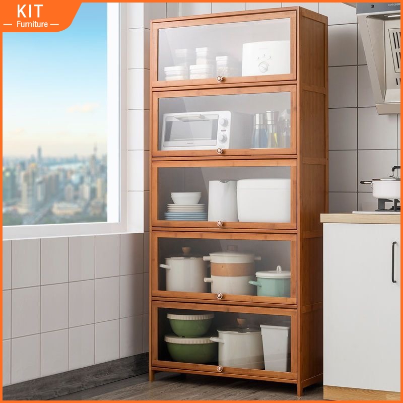 Kitchen Storage Rack Bamboo Multi-layer Storage Shelves with Flip Door Transparent Bookshelf、Display Cabinet厨房防尘架