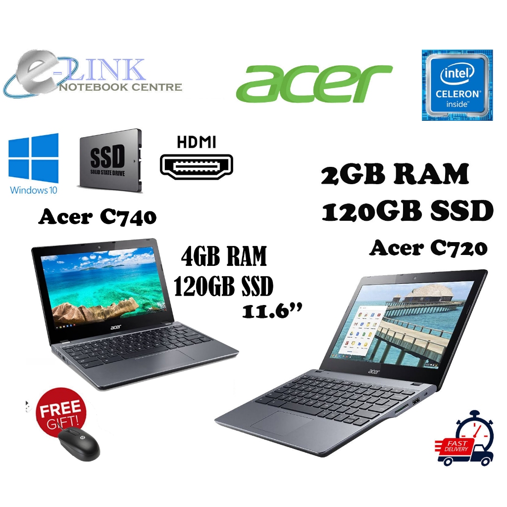 ( Termurah Acer C720 / C740 / C720 Touch Windows 10 Laptop )Intel Celeron 32GB / 128GB / 256GB SSD / 2GB / 4GB DDR3 RAM