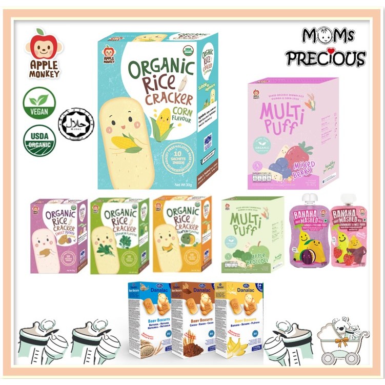 Apple Monkey Organic Rice Cracker/ Multi Puff/ Yogurt Rice Cracker/Banana Sauce Mashed/Danalac Organic Baby Biscuits
