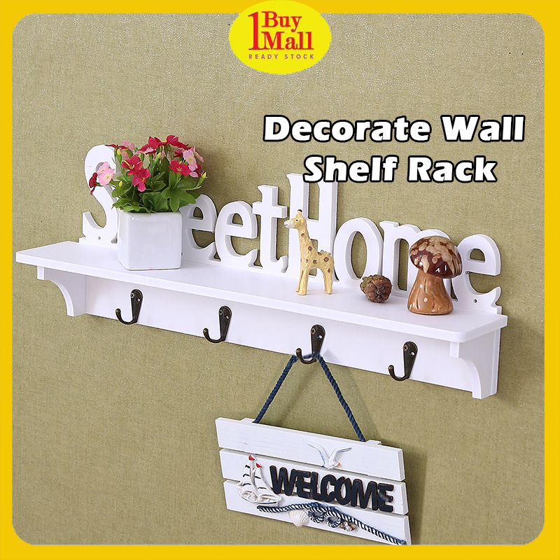 [READY STOCK] Sweet Home Design Vintage White Wood Wall Mounted 4 Hook Storage Shelf Rack