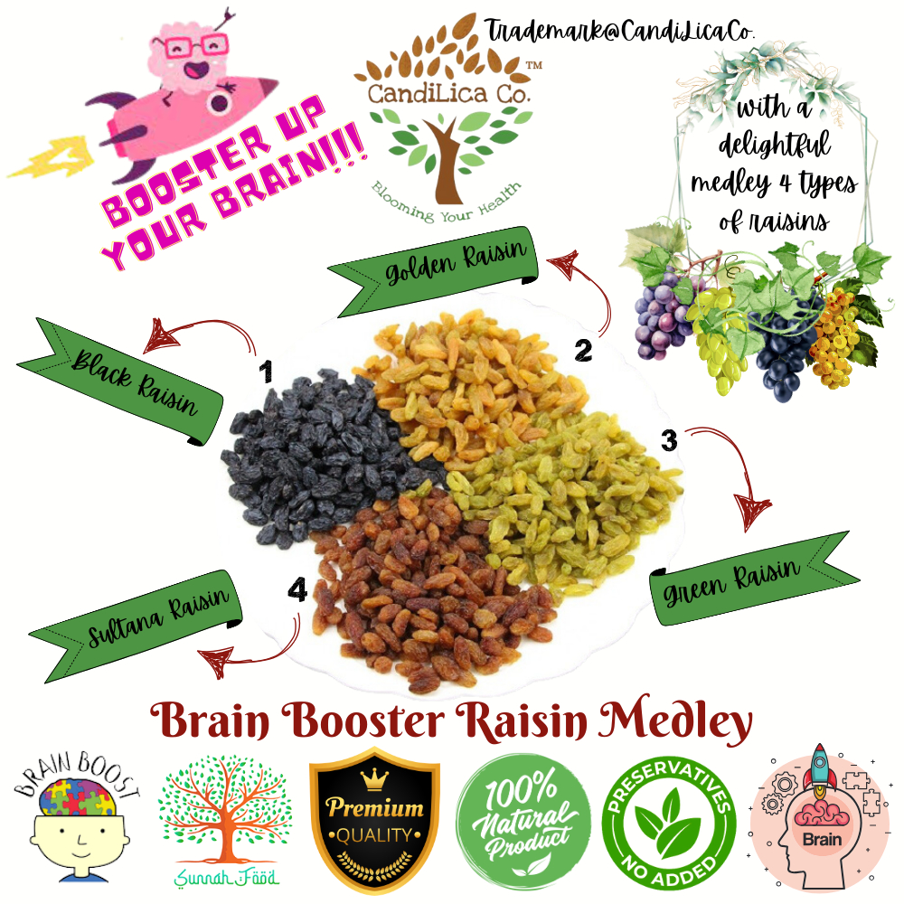 CandiLica Co. Brain Booster Raisin Medley – Premium Imported Mixed 4 Color of Raisin from Iran