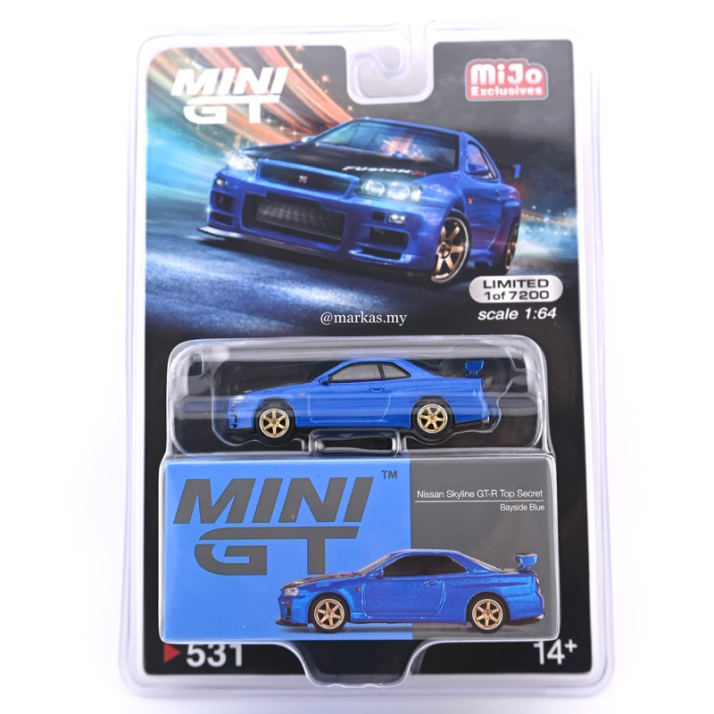 (MIJO BLISTER) MINI GT 1/64 #531 NISSAN SKYLINE R34 TOP SECRET BAYSIDE BLUE
