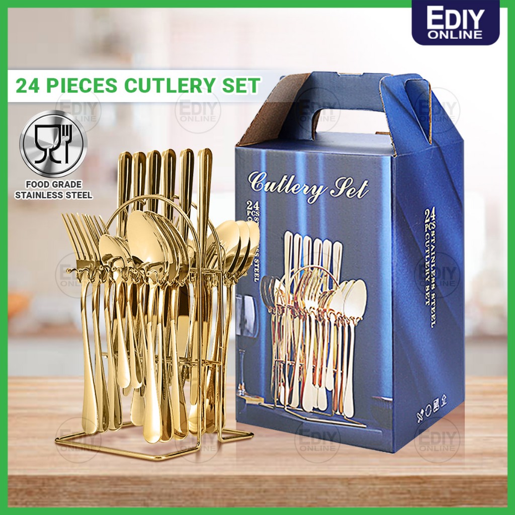 24pc/10pc Cutlery Set Stainless Steel Spoon Knife Fork Tea Pisau Sudu Garpu Utensil Hotel Event Gold Hadiah Luxury Stand