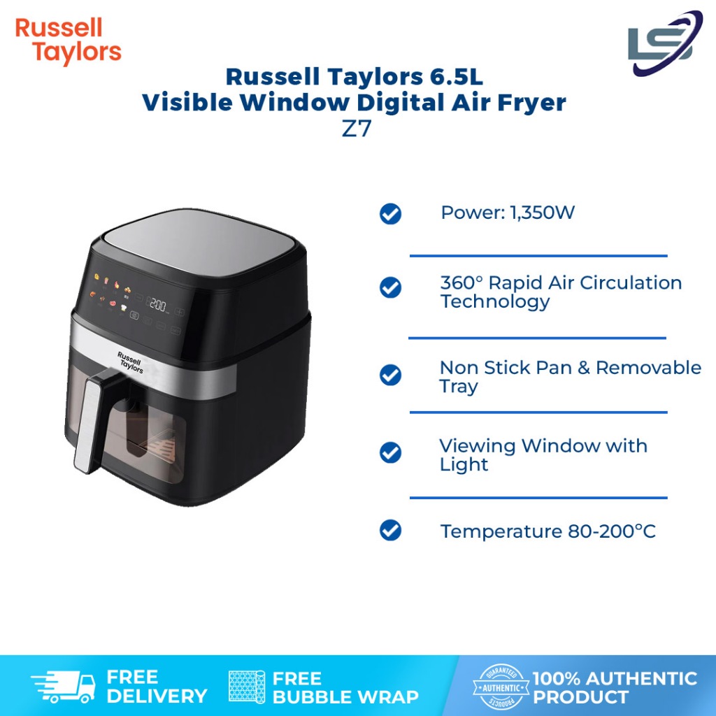 Russell Taylors 6.5L Visible Window Digital Air Fryer Z7 | Power Rating 1350 W | Crystal Clear Frying | Adjustable Timer