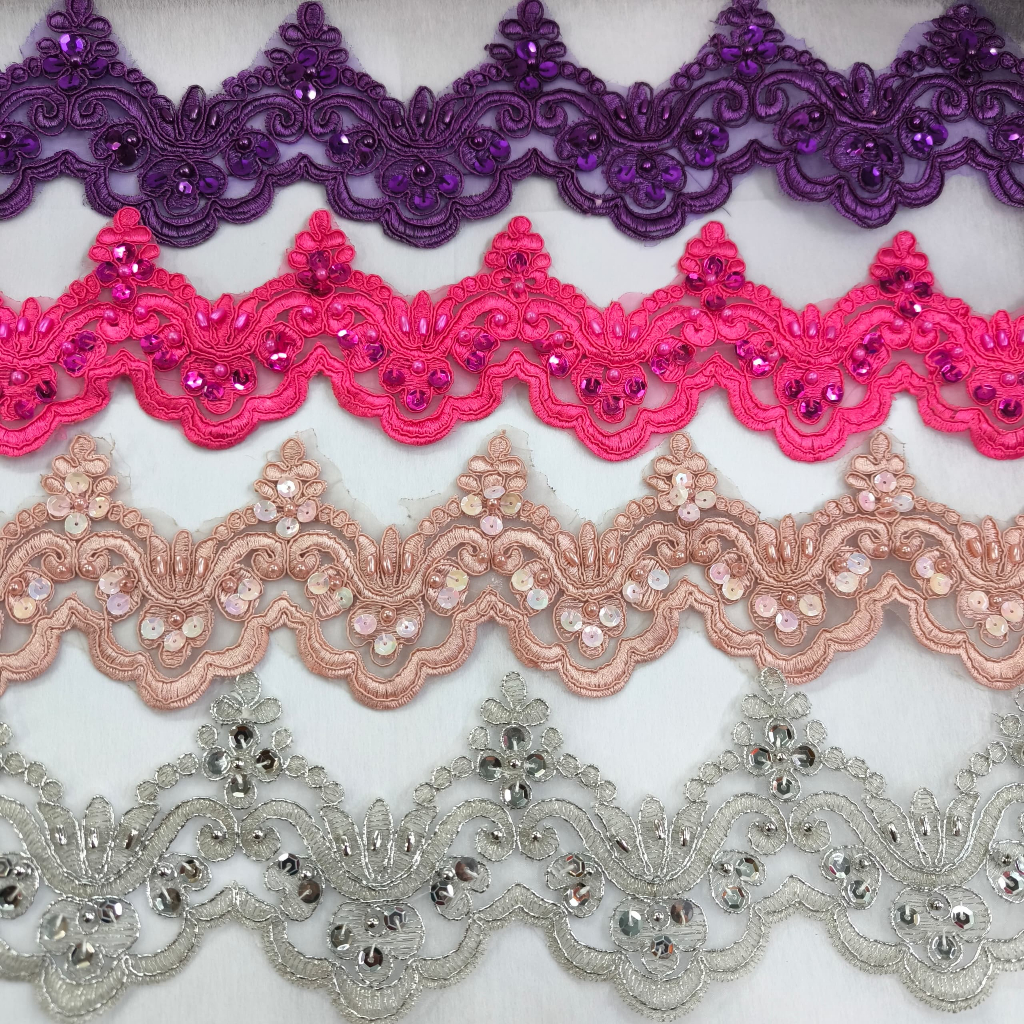 [LOCAL READY STOCK] 3" Width (8.5Cm)Border Chemicals Lace with Sequins (Meter)