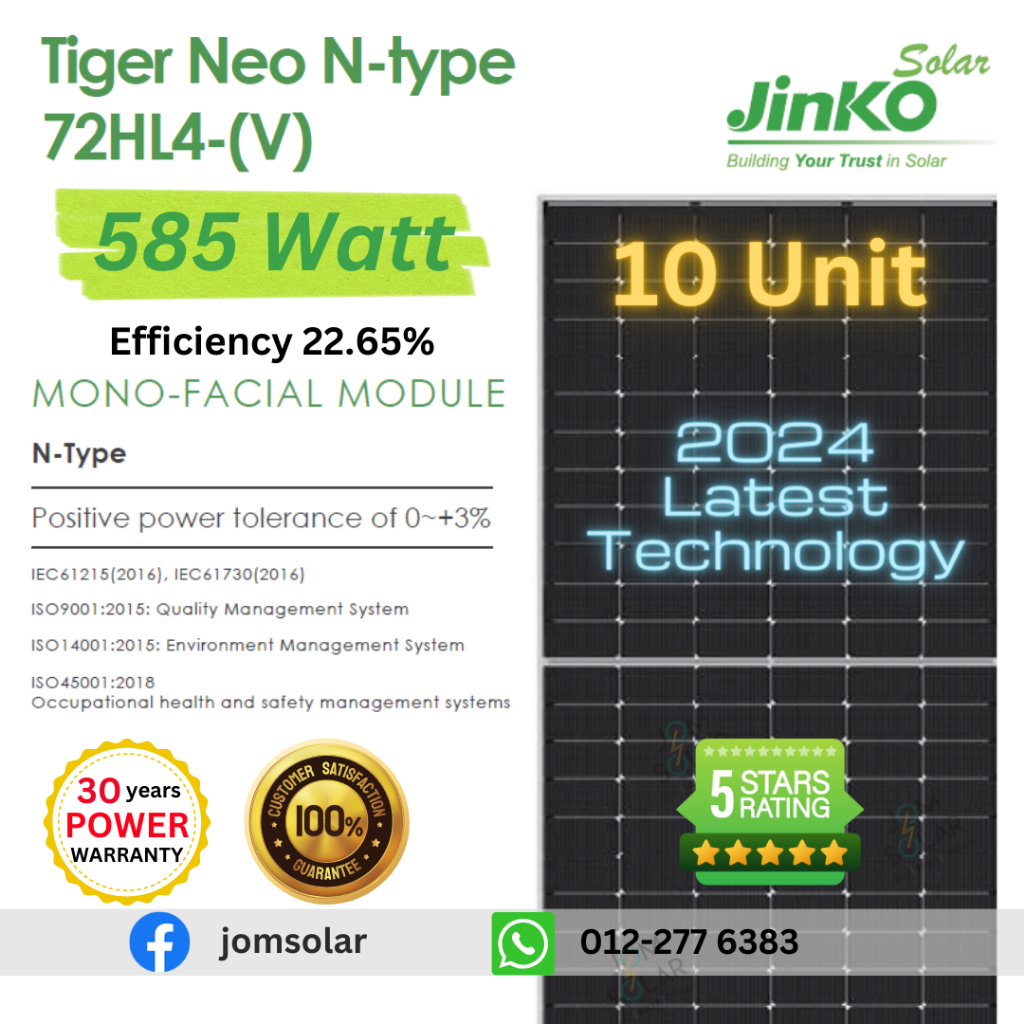 10 Unit Jinko Solar 585W N-Type Monocrystalline Solar Panel -Tier 1 - Grade AAA - Jomsolar