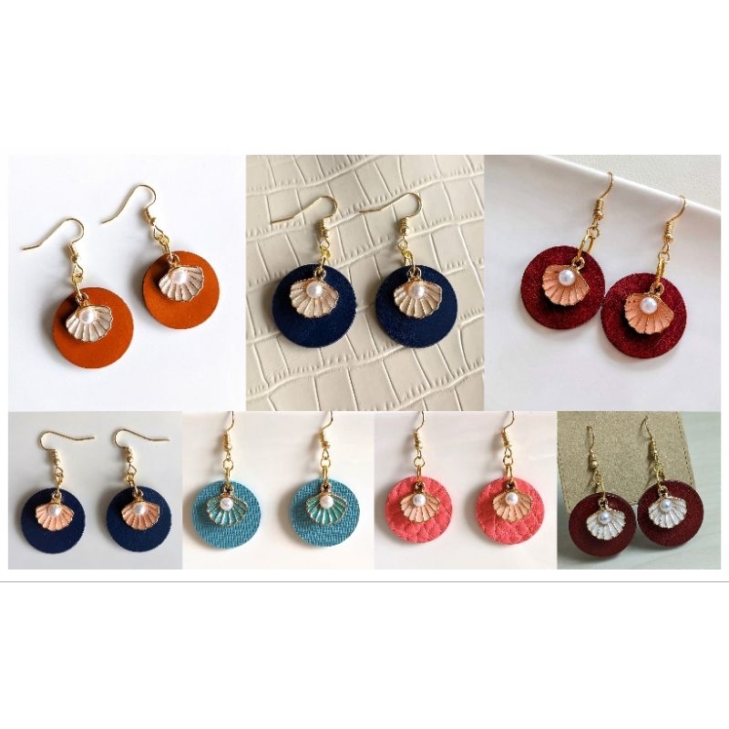 Handcrafted / Handmade Leather Earrings - Pearly Shell - Korean Style