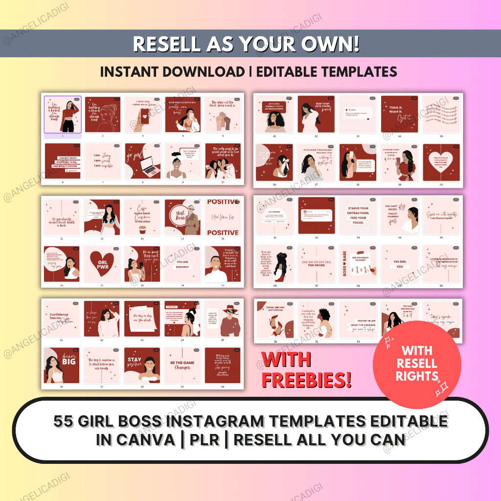 55 Girl Boss Instagram Templates Editable in Canva + Chip Bags Templates | PLR