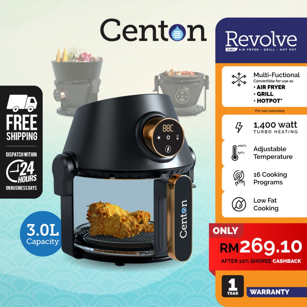 CENTON Revolve 3-in-1 Digital Air Fryer · Grill · Hot Pot* (3.0 Litres | 1400 Watt)