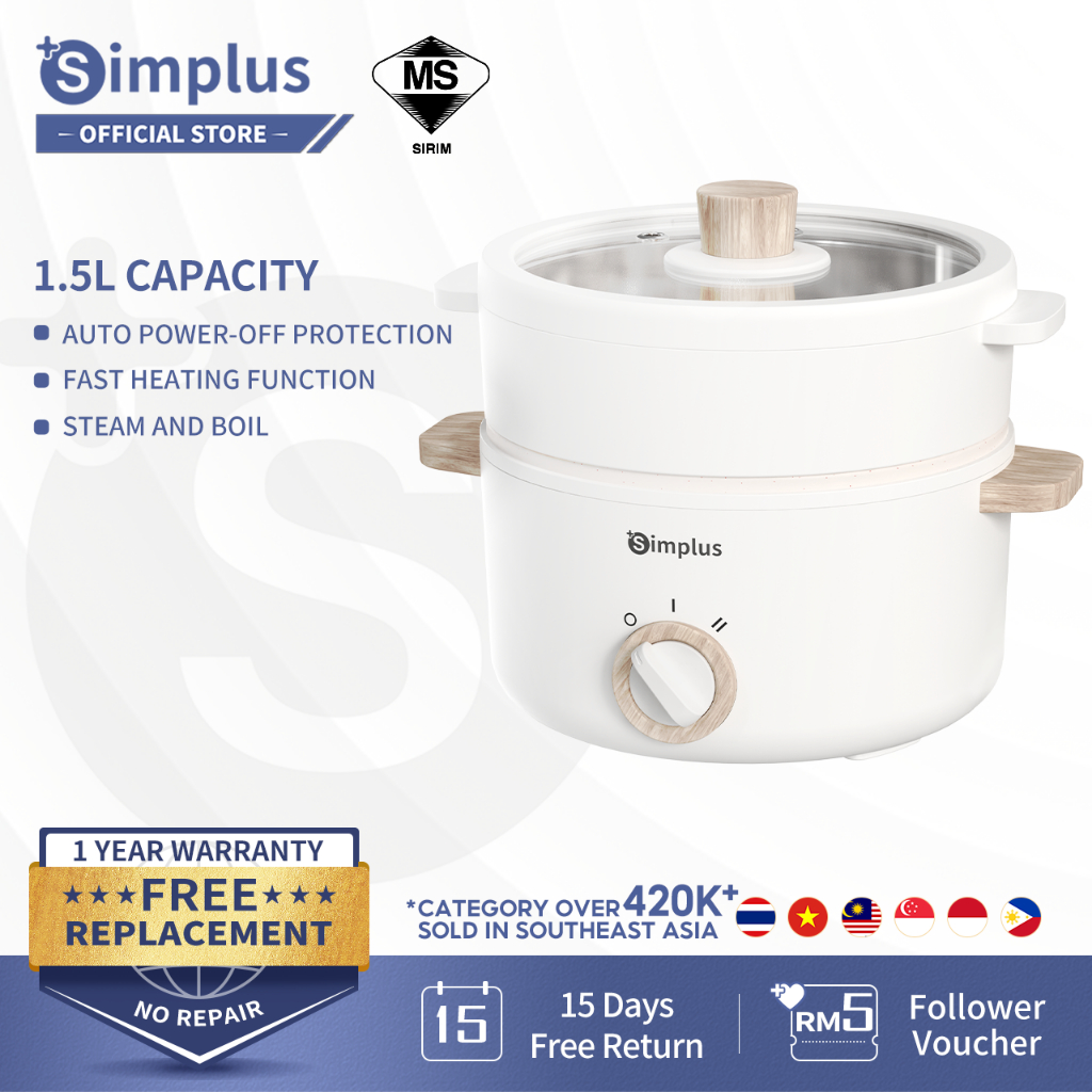 Simplus Multi Electric Cooker Ceramic Coating Non Stick Comes WIth Steamer Electric (1.5L/630W)【ViewChin】