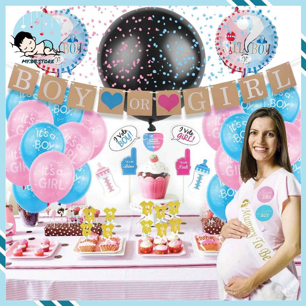 [ Ready Stock ]Baby Girl or Boy Celebrations Gender Reveal Balloons Boy or Girl flags, Balloon and Confetti