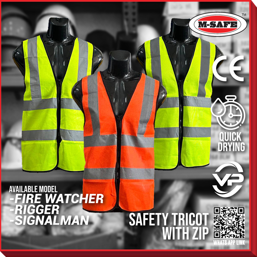 M-SAFE SAFETY VEST FIRE WATCHER / RIGGER SIGNALMAN WITH ZIP REFLECTIVE WORDING ON SAFETY TRICOT WITH ZIP SOFT REFLECT0R