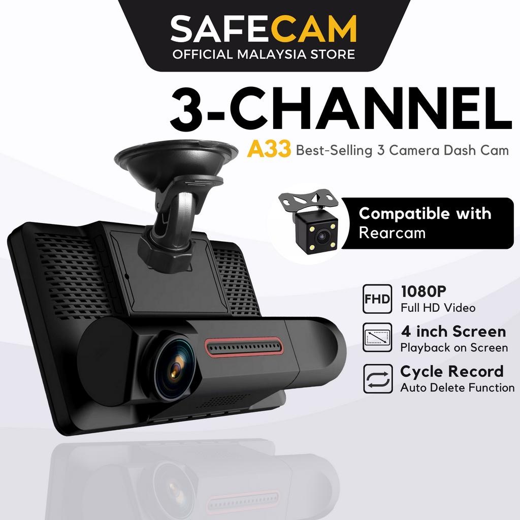 SAFECAM A33 Triple Lens 3 Camera Dashcam Front Cam + Inner Cam + Rear Cam (4") 1080P