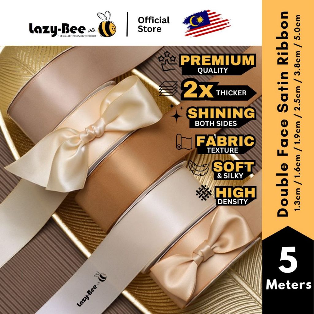 IVORY CREAM BROWN 5Meter 2.5cm 3.8cm 5cm Premium Quality Double Face Satin Ribbon DIY Craft Wedding Bow Gift Reben Riben