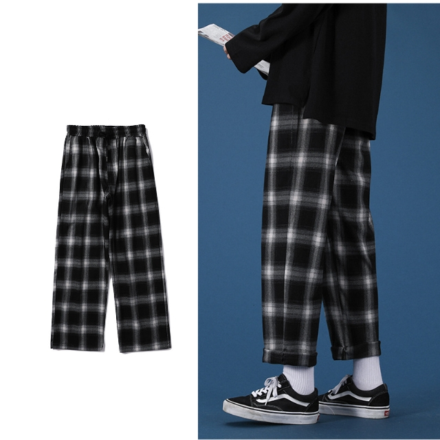 Wide Leg Plaid Long Pants Loose Seluar Panjang Lelaki Korean Style Elastic Celana Men 格子裤