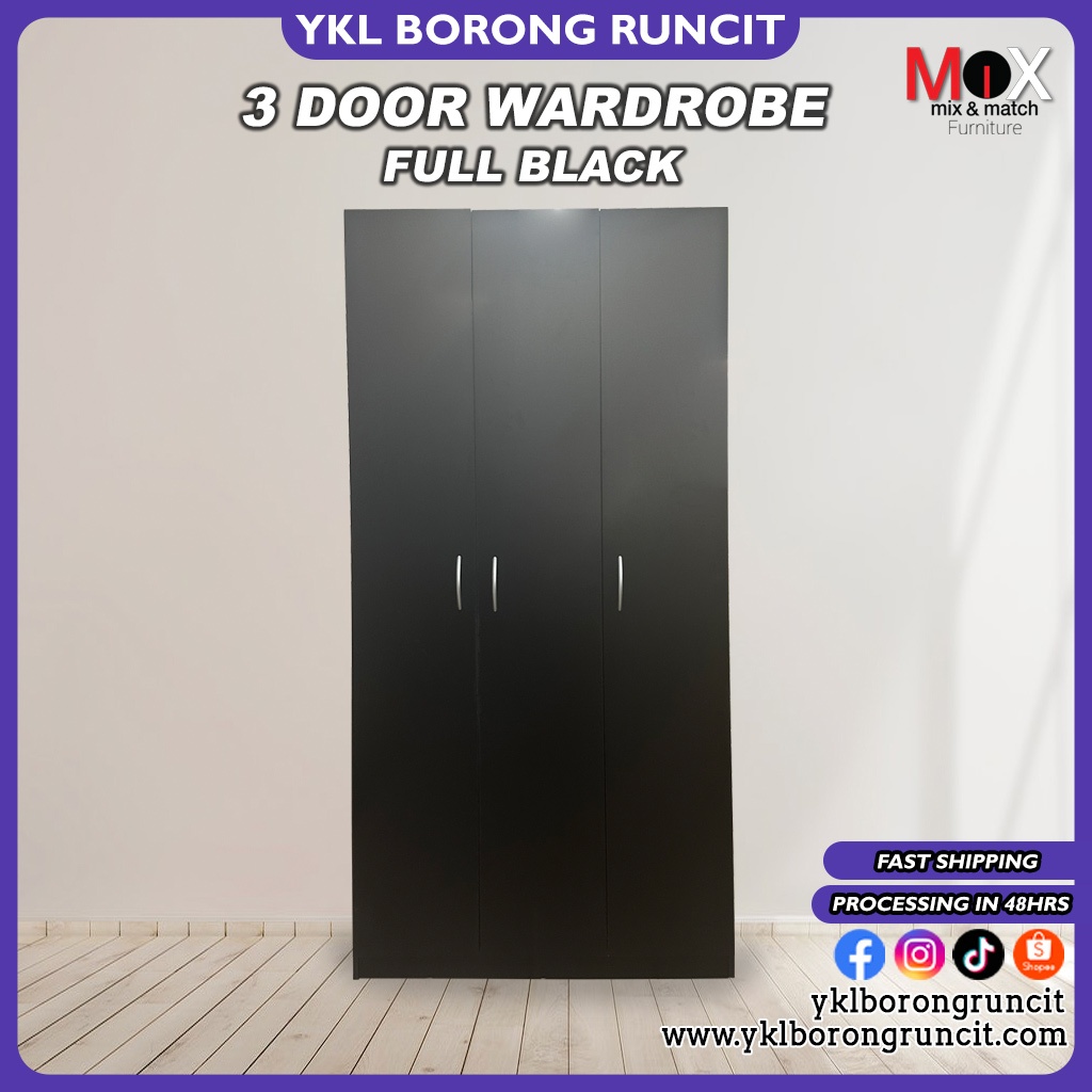 YKL Sabah 3 Door Wardrobe | Full White | Full Black|Urban Snow|Almari 3 pintu |Almari Putih| Almari Coklat|Almari Hitam|