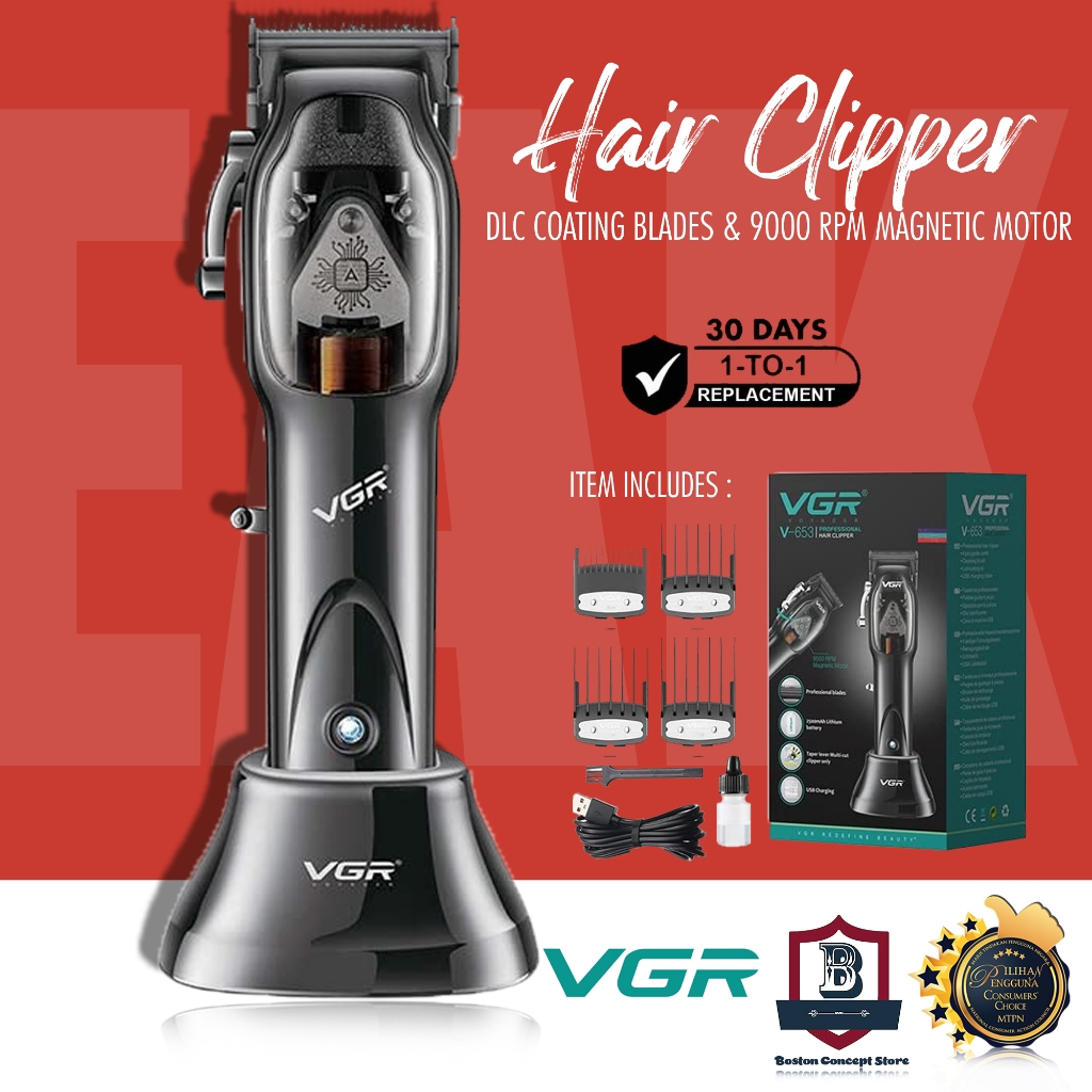 VGR Professional Hair Clipper RPM 9000 Magnetic Motor Cordless Hair Trimmer With DLC Coating Blade Charging Base V-653