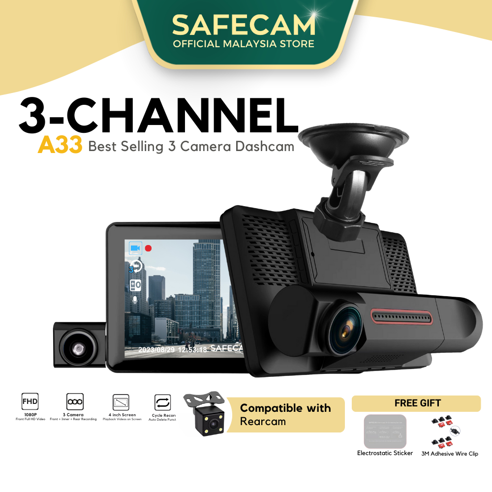 SAFECAM A33 Triple Lens 3 Camera 1080P Dashcam Front Cam + Inner Cam + Rear Cam (4")