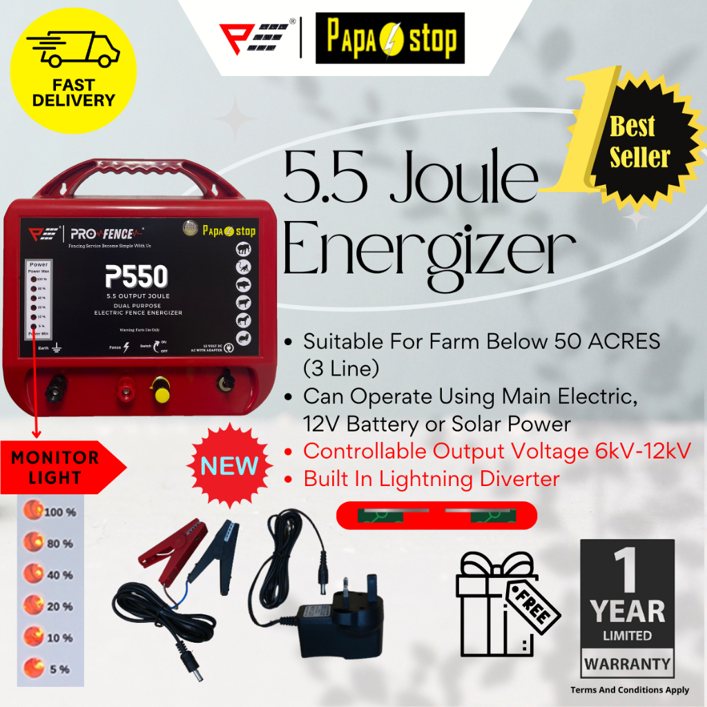 PapaStop Energizer P550 (5.5 Joule Power) Electric Fence Pagar Elektrik Pagar Kebun Solar Mengawal Babi Hutan Monyet