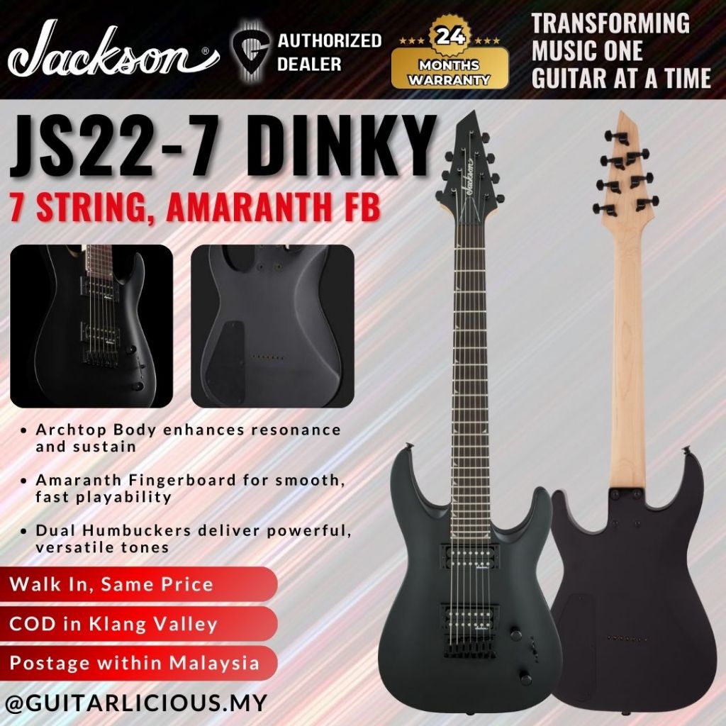 JACKSON JS Series 7 Strings Dinky Arch Top JS22-7 DKA HT with Double Humbucker Electric Guitar, Amaranth FB, Satin Black