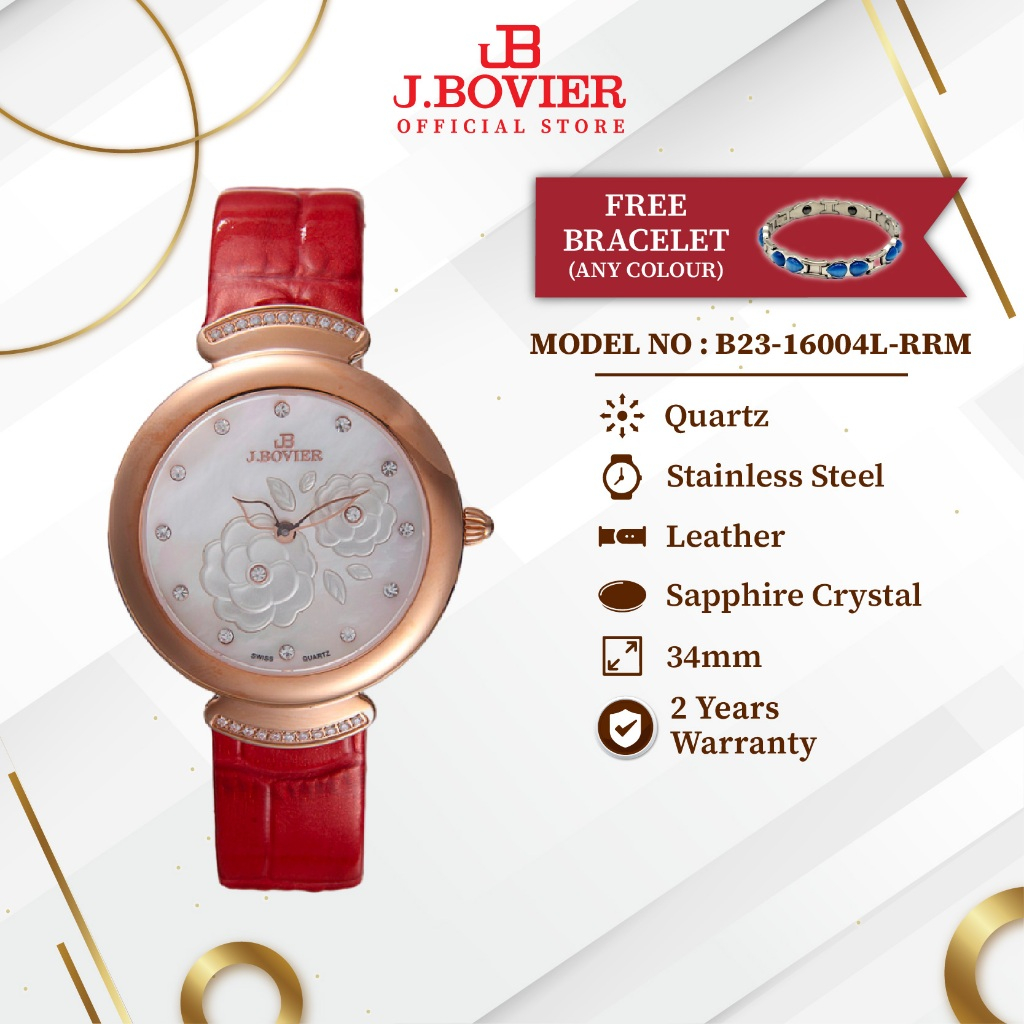 [Free Gift] J.Bovier Swiss Quartz Luxury Women Watch Jam Tangan Wanita B23-16004L-RRM