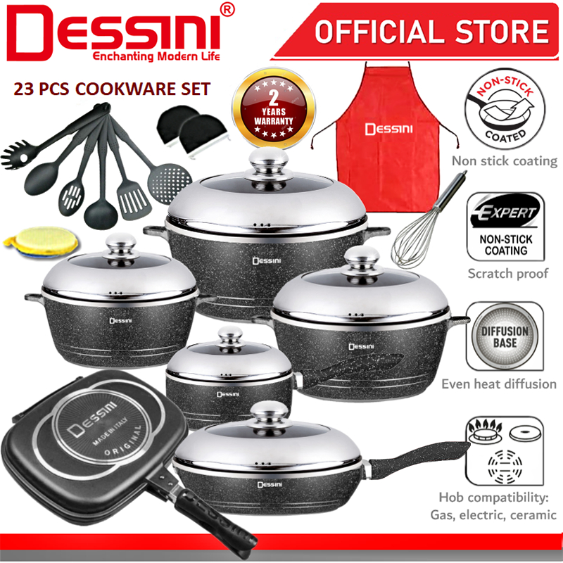 DESSINI ITALY Granite Aluminium Non Stick Casserole Pot Bowl Double Sided Grill Fry Pan Cookware Tool (23 Pcs)