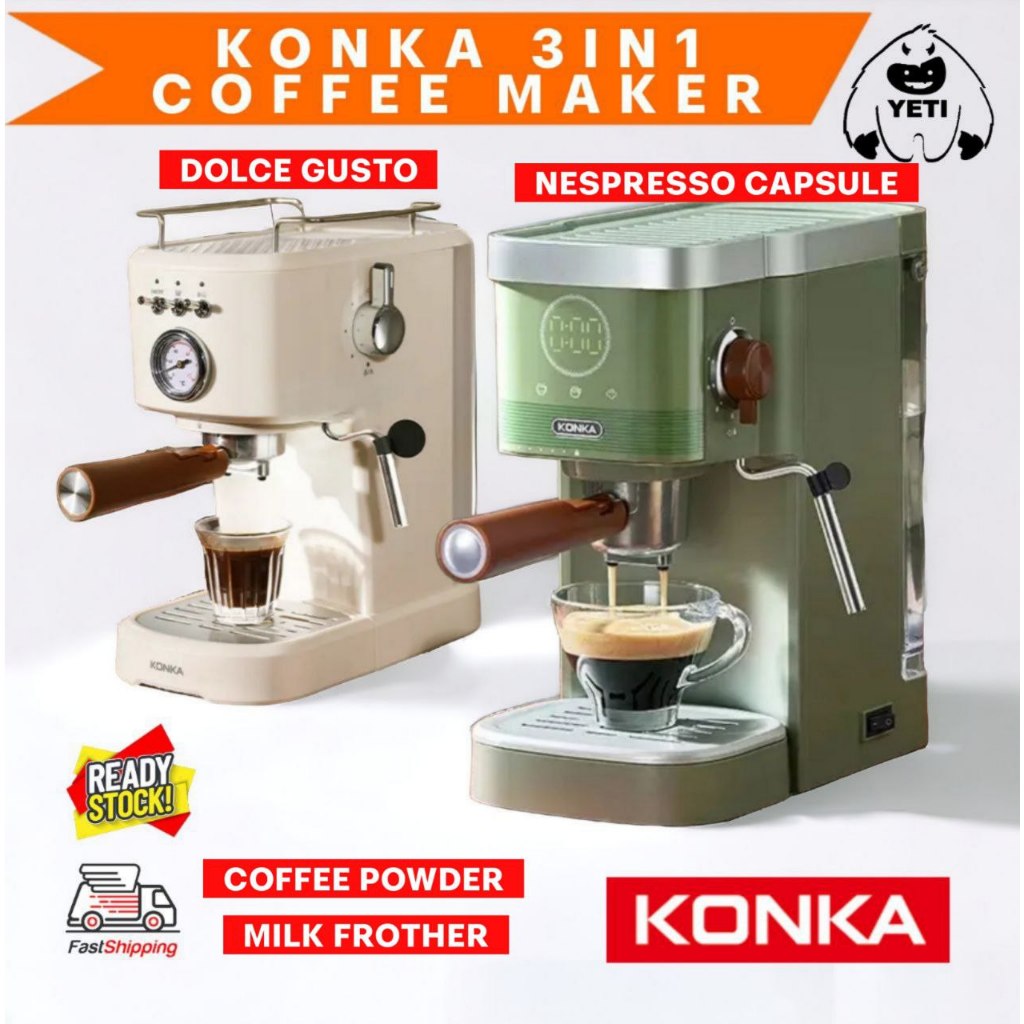 20bar Konka 3in1 Classic Retro Coffee Machine  CoffeePowder Capsules Kopi dolce gusto nespresso