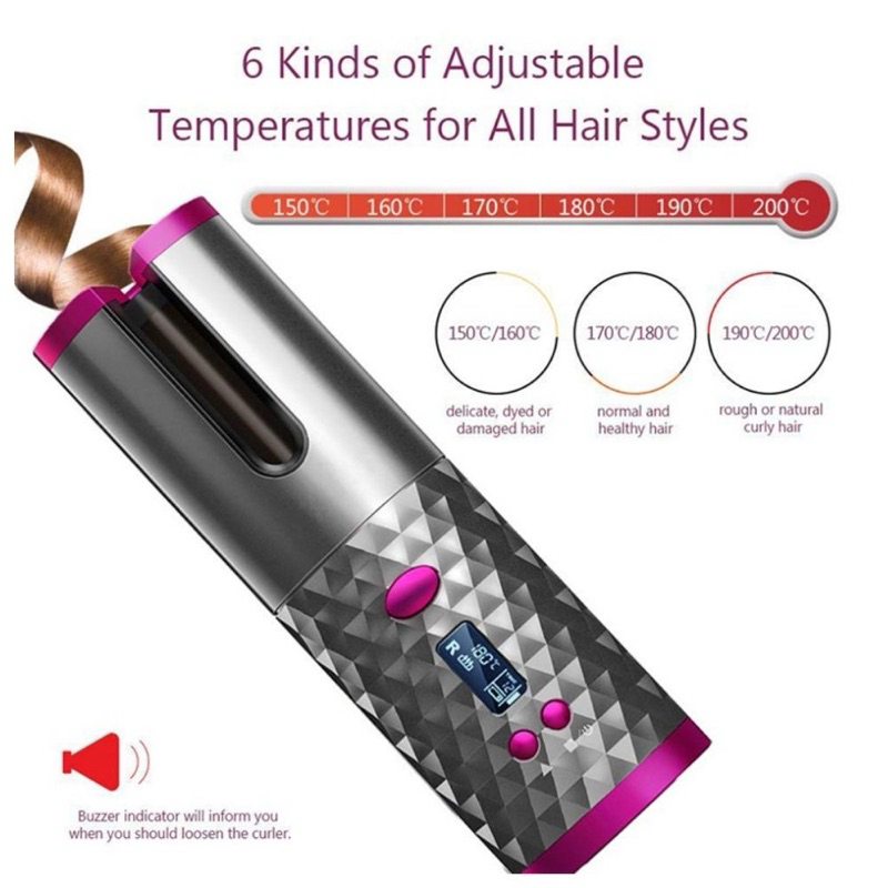 USB Rechargeable Cordless Automatic Hair Curler Curling Iron Curls Waves LCD Display Ceramic Curly Rotating Curling Wave