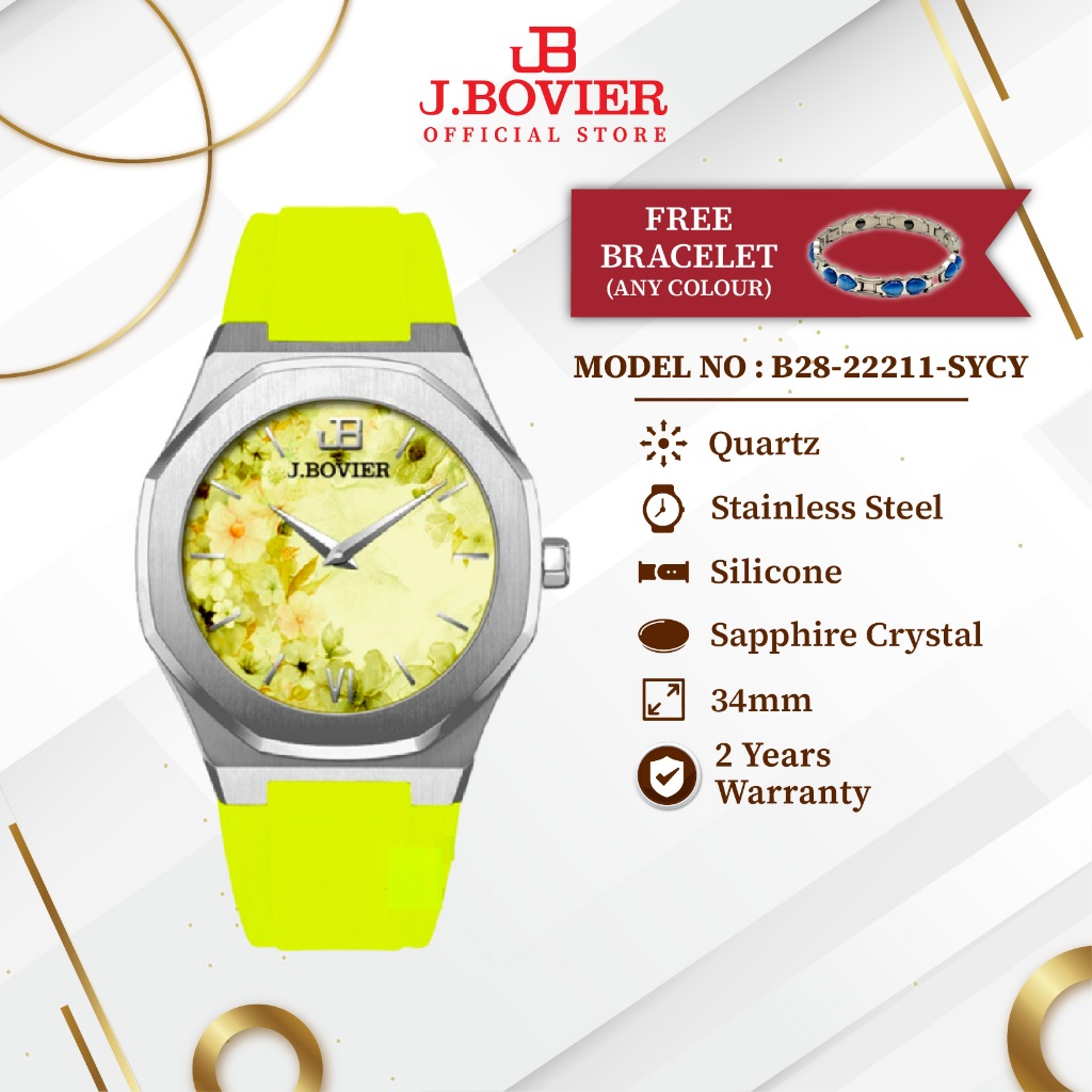 [2 Years Warranty] J.BOVIER Flower Silicone & Leather Strap Quartz Swiss Women Watch Jam Tangan Wanita B28-22211-SYCY