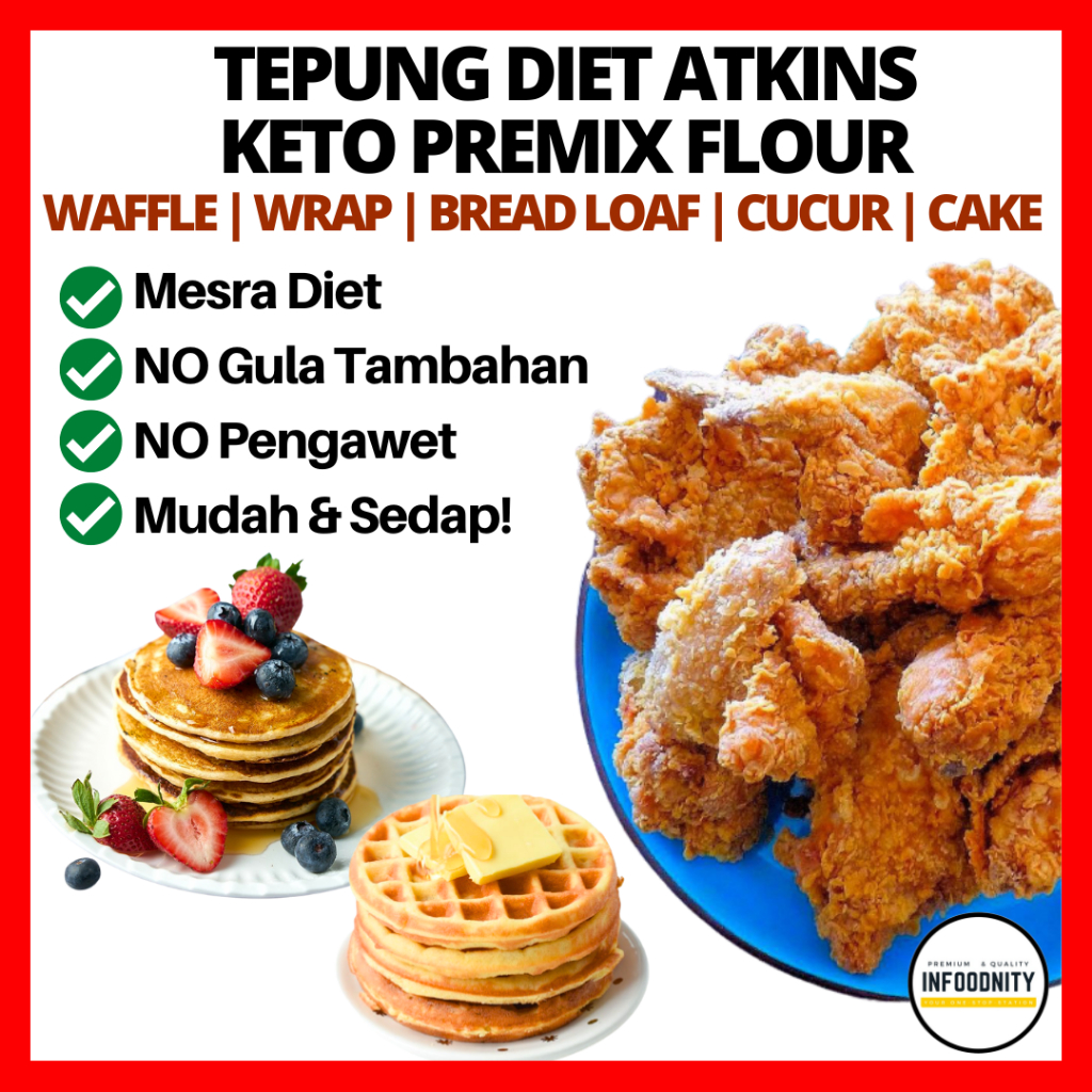 Tepung Keto Premix Flour Ayam Goreng Bread Roti Cake Atkins Low Carb Diet Food Pancake Cucur Fried Chicken 生酮炸鸡粉 薄煎饼