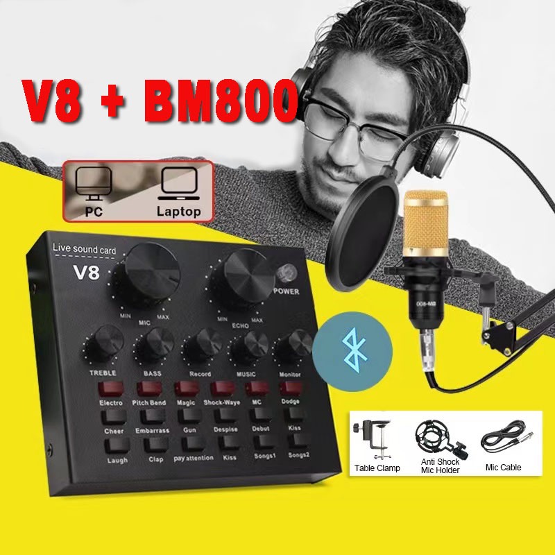 V8 V8S Live Sound Card with Bluetooth + BM800 Professional Condenser Microphone Sound Card Full Set