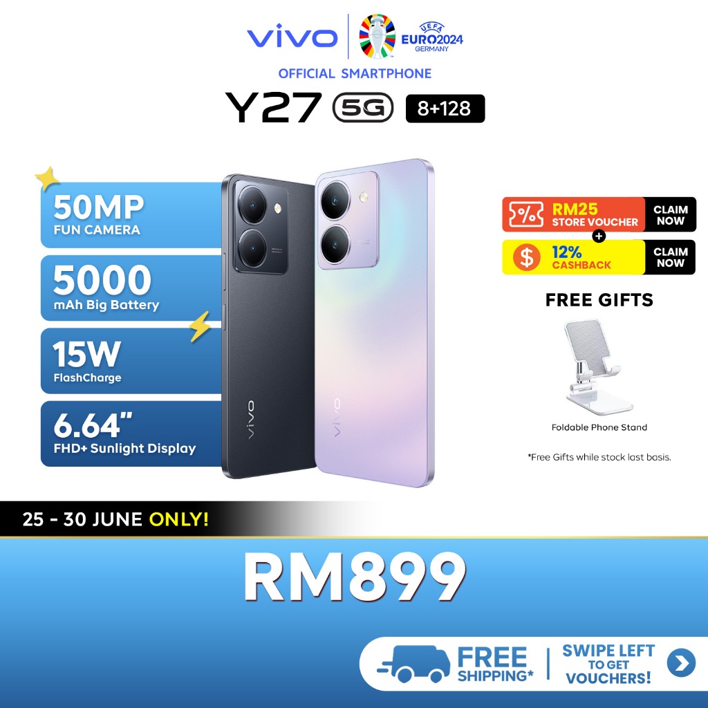 vivo Y27 5G Smartphone 8+8GB EXTENDED RAM+128GB ROM, 5000mAh, 50MP Fun Camera, 6.64"FHD+ Sunlight Display