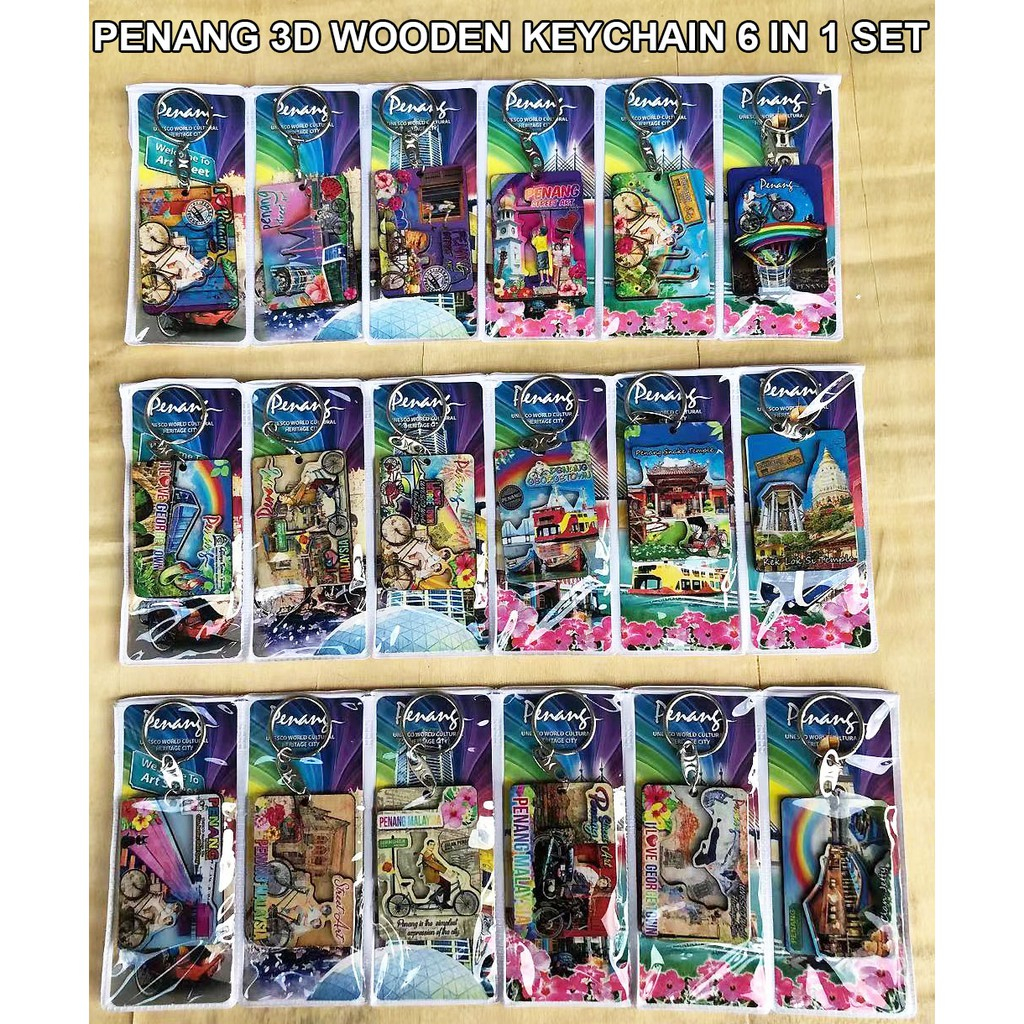 Malaysia Penang Souvenir Wooden 3D Keychain 6 in 1 design / Kayu 3D Gantungan Kunci Penang Malaysia