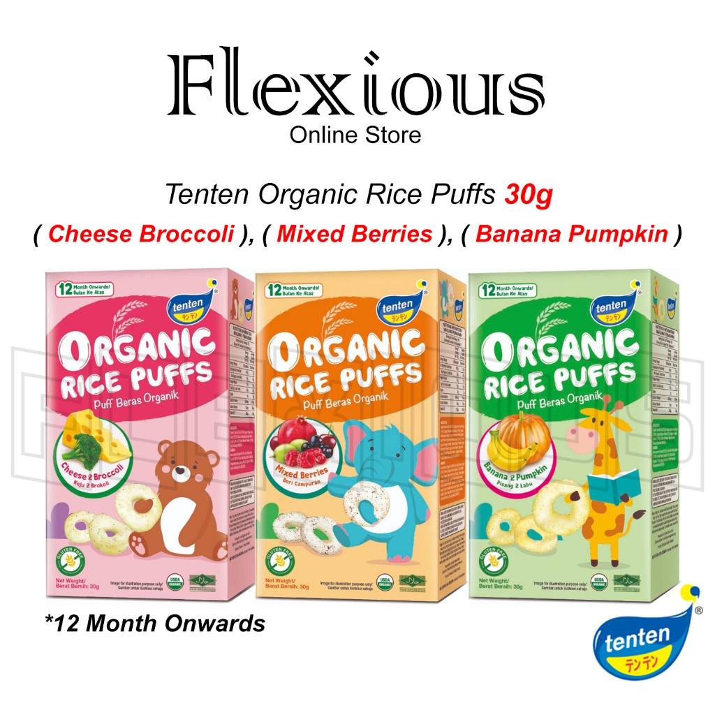 *TENTEN* Organic Rice Puffs 30g ( 12 Months+ ) - ( Cheese & Broccoli ), ( Mixed Berries ), ( Banana & Pumpkin )