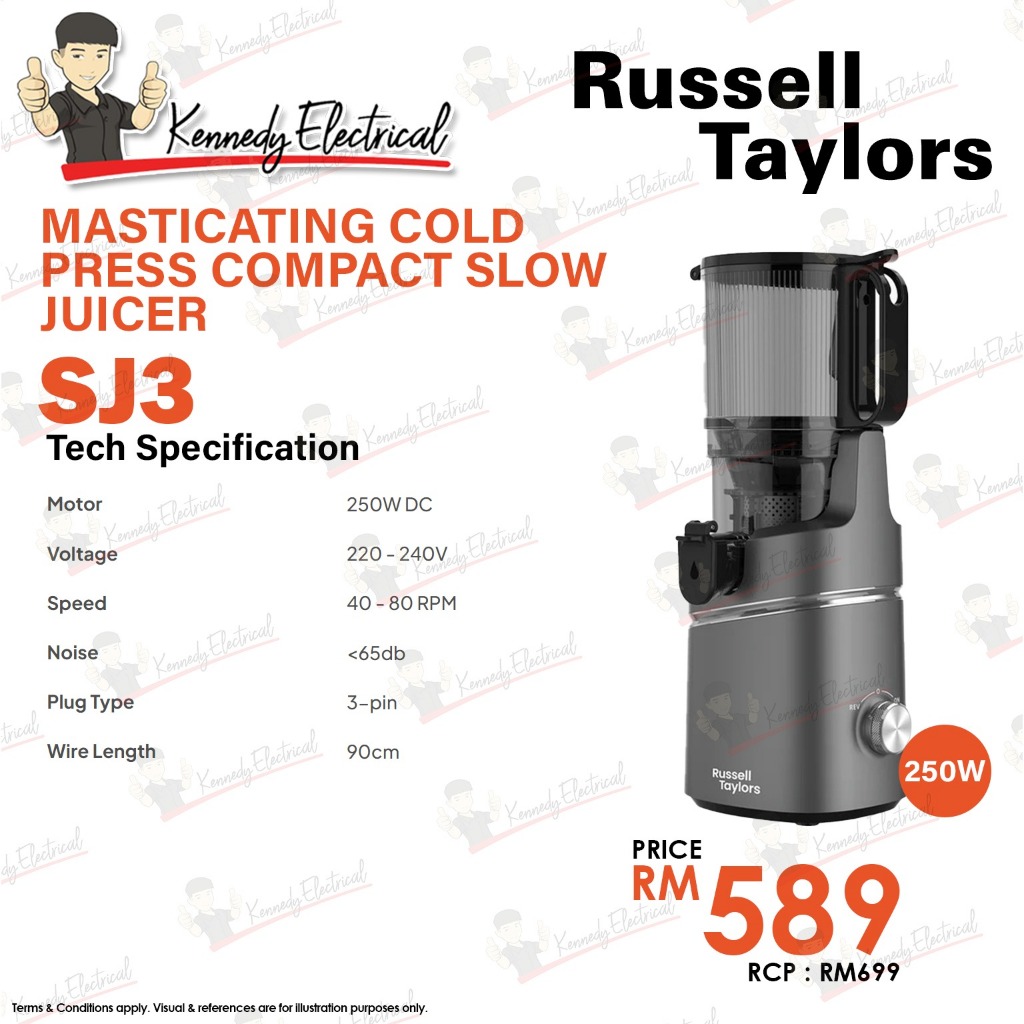 Russell Taylors Masticating Cold Press Slow Juicer with 130mm Wide Feeding Tube SJ3