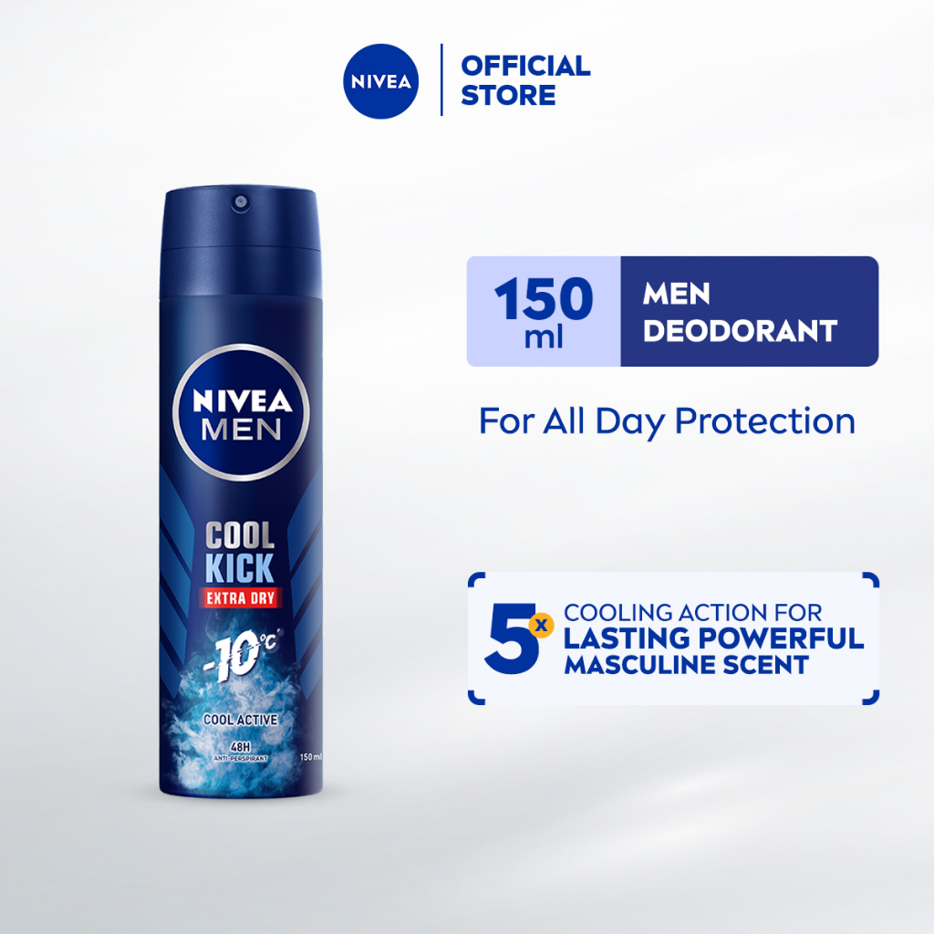 NIVEA Men Deodorant Male Cool Kick Extra Dry Spray Men's Grooming Anti Perspirant No Sweat (150ml x 2)