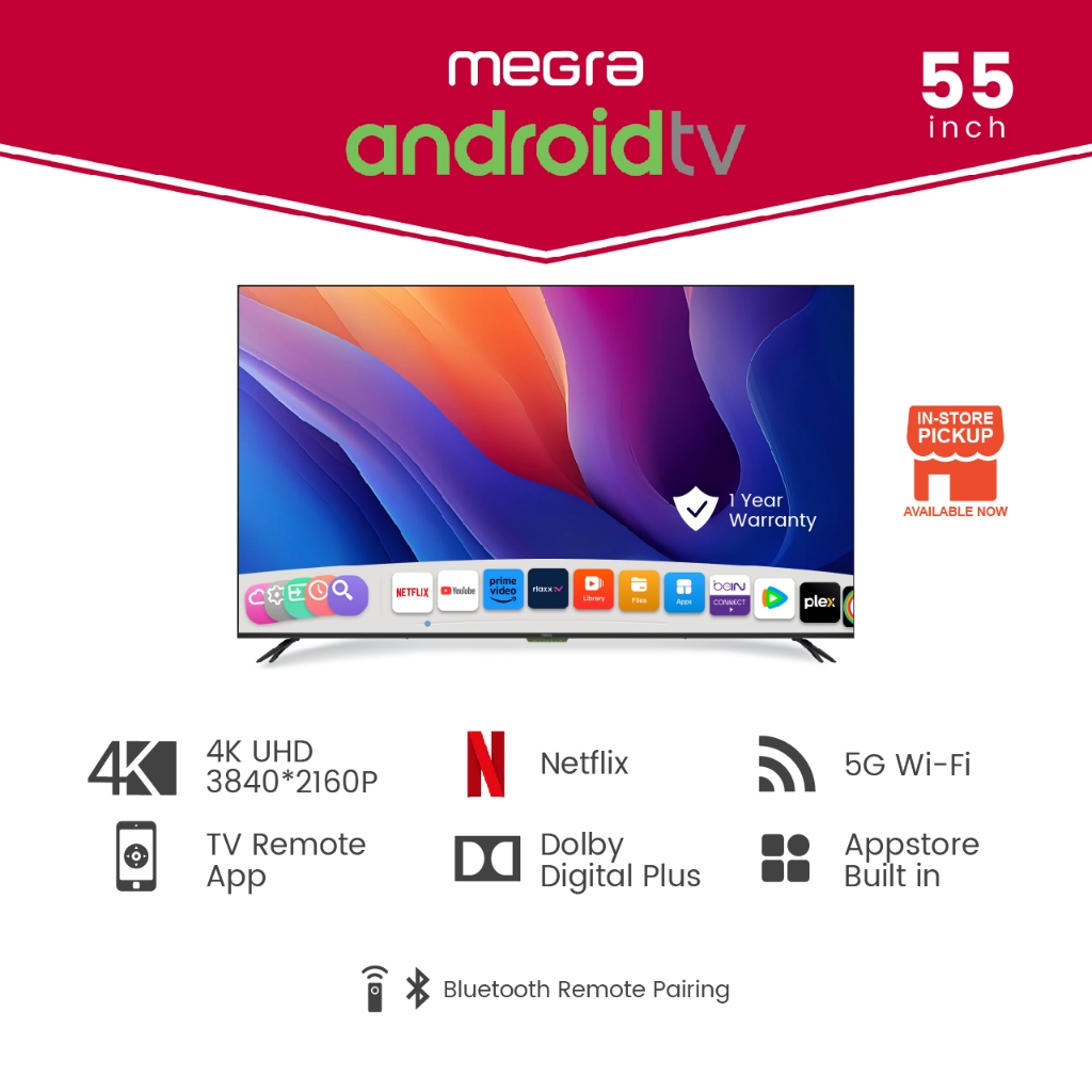 Megra 55 Inch Android TV 4K UHD With Netflix Licensing LED TV Smart TV powered by Android Built In MYTV (55") Pro Series