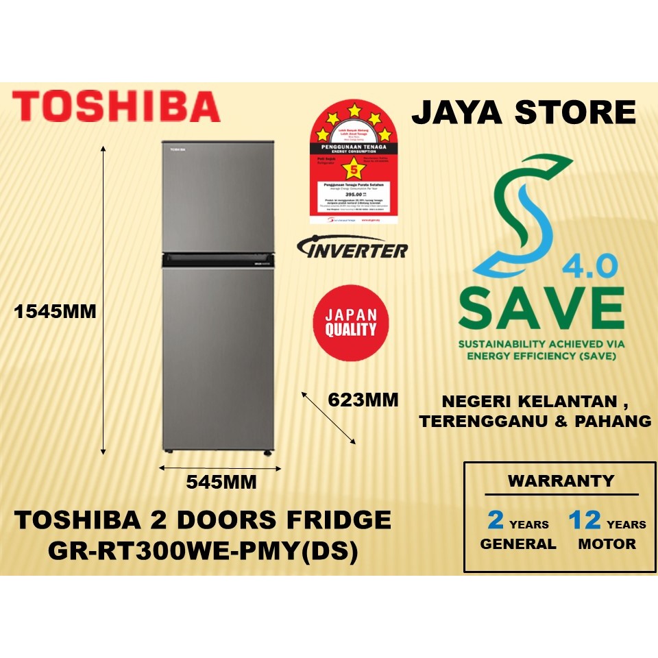 (SAVE 4.0)Toshiba 270L 2 Doors Inverter Refrigerator GR-RT300WE-PMY(DS) (No Frost)