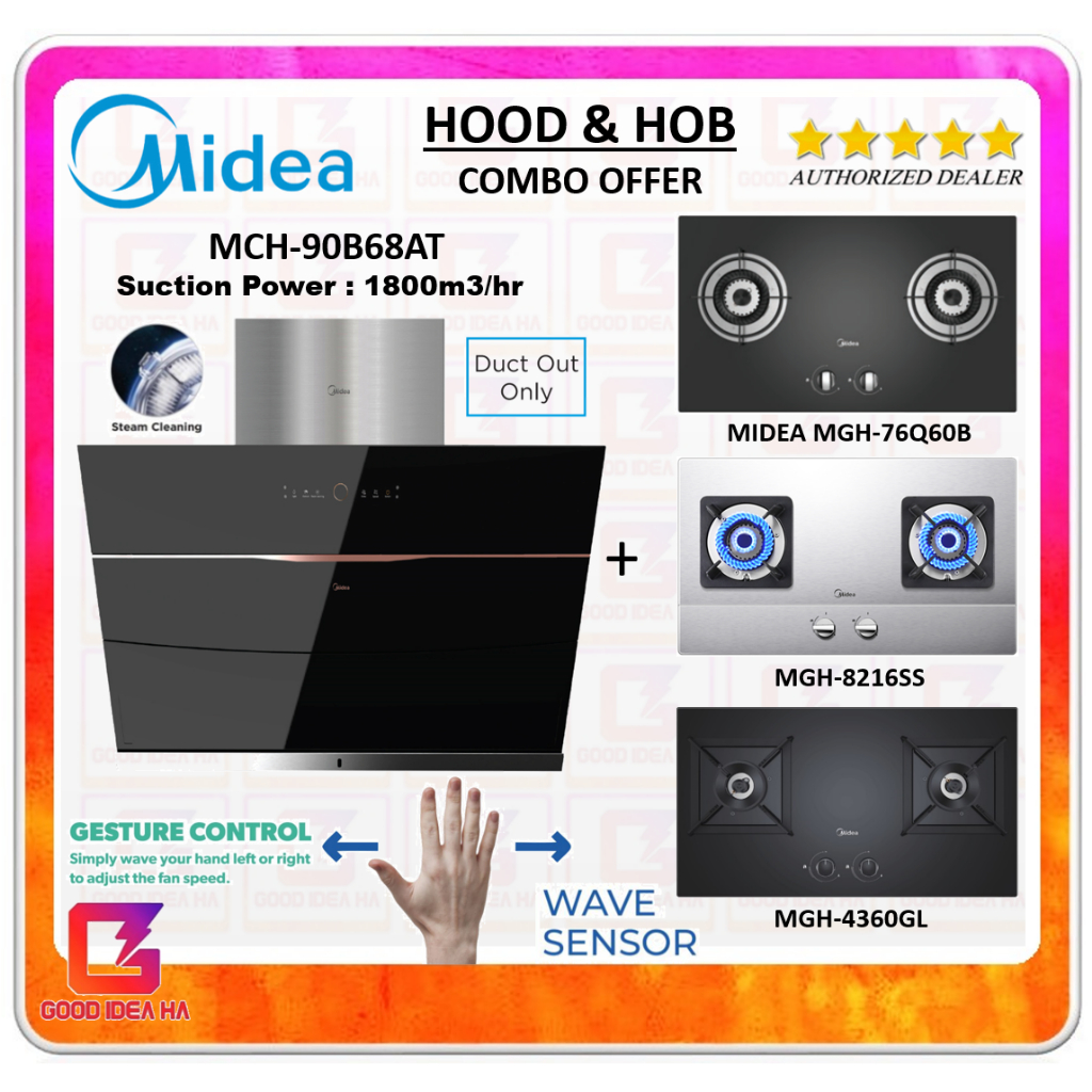 【FREE CAP + DUCTING HOSE】Midea 1800m3/hr Cooker Hood MCH-90B68AT Auto Steam Wash Cleaning Technology