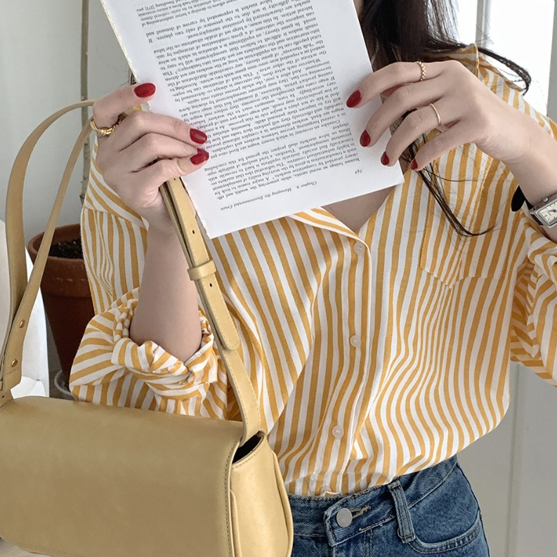 Blouse Women Striped Tops Yellow Fashion Kemeja Perempuan Wanit Baju Shirts Green Chiffon Casual