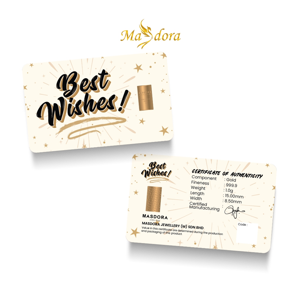 MASDORA 999.9 Gold Bar 1.00GM Gift Series - Best Wishes (EMAS 999.9/24K)