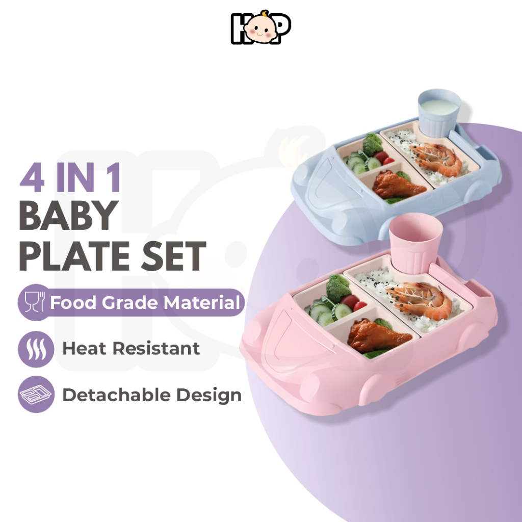 4 in 1 Car-Shaped Bamboo Fibre Plate Baby Set Dinnerware Kid Plate Set Children Plate Food Dish Baby Plate Set 儿童餐用竹制碟