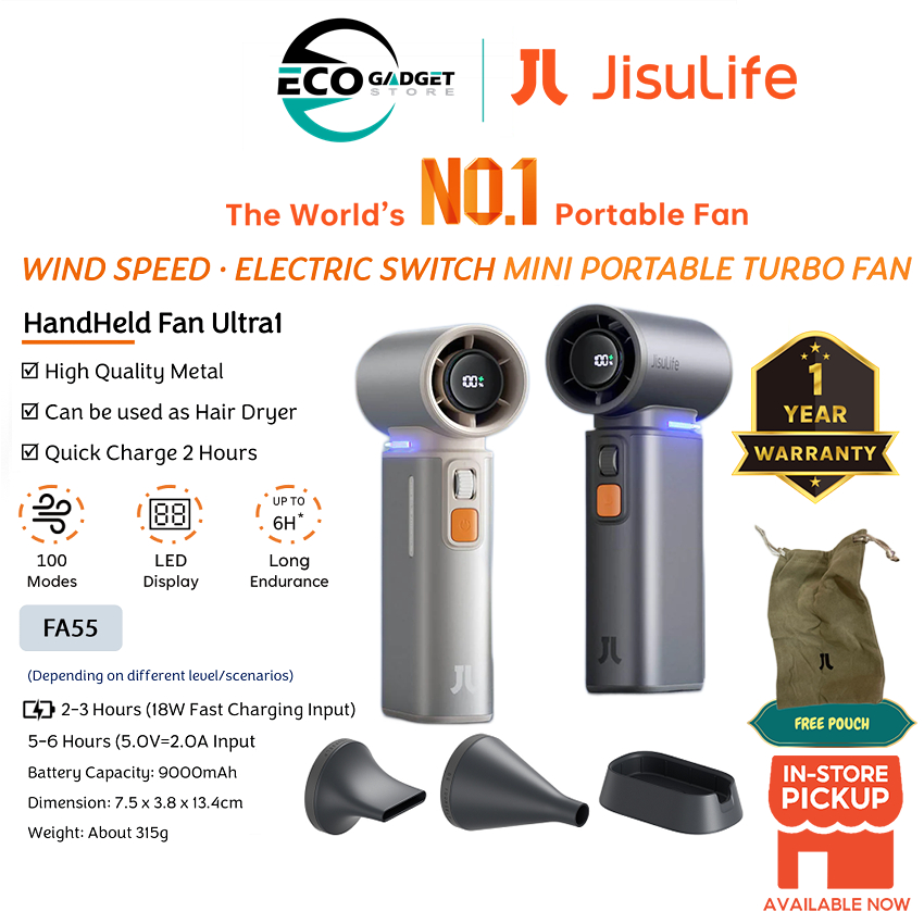 JISULIFE Handheld Fan Ultra1 LED 3 in 1 Portable Fan 9000mAh Battery Rechargeable v Air Duster Function | Hair Dryer