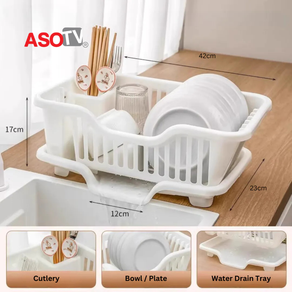 ASOTV® Dish Rack Dish Drainer Rak Pinggan Mangkuk Dengan Aliran Pusat Rak Dapur Rak Piring 0299