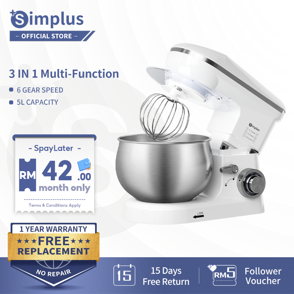 Simplus Stand Mixer Blender 3 in 1 5L Capacity 23000RPM 6 Gear Speed 1300W Stainless Steel Bowl Dough Mixer