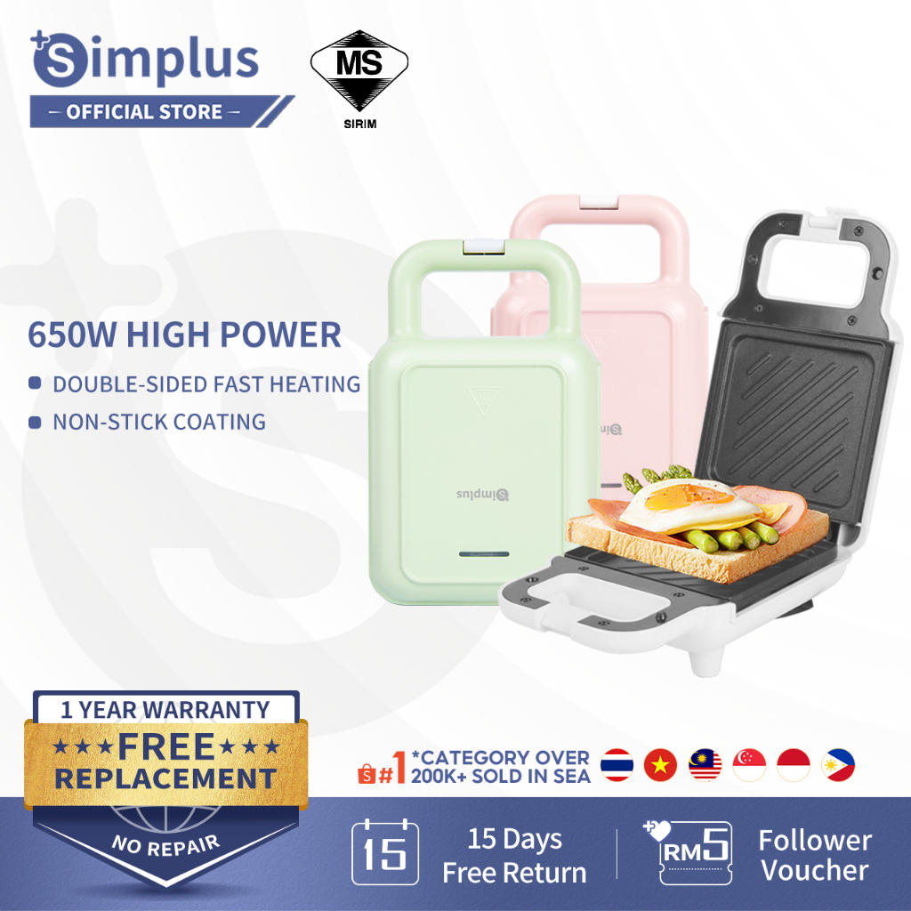 Simplus Sandwich Maker Breakfast Toast Maker 650W Overheat Protection Non Stick Coating Anti-Skid Bottom Mesin Sandwic