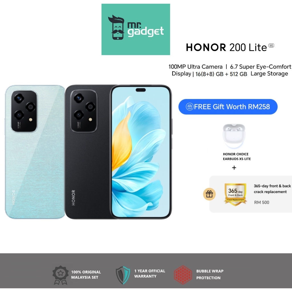 [MY SET] HONOR 200 Lite 90 Lite 5G Smartphone 13(8+5)GB+256GB 100MP Super Clear Camera 6.7” Edgeless Eye-Comfort Display