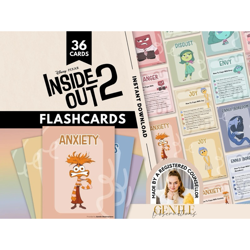 Inside Out 2 Coping Skill Therapy Flashcards for Kids, Emotional Regulation Cards, Words For My Emotions Feelings Cards
